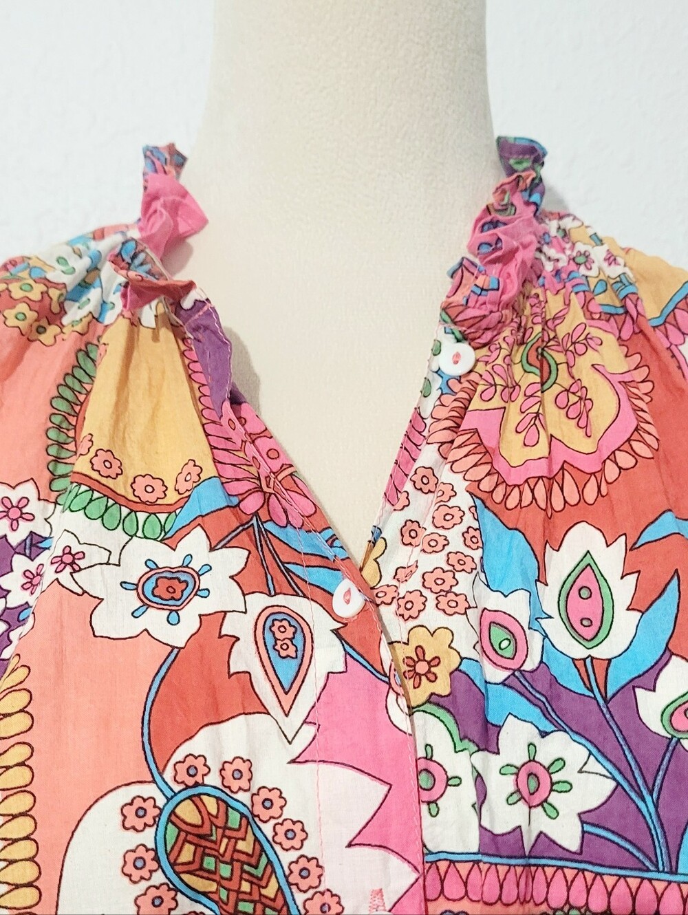 Mille Resort & Travel 100% Cotton Floral Boho Oversized Blouse Top Size Small - Picture 3 of 11